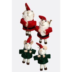 Set Of 4 Felt Sheep Christmas Ornaments With Red & Green Outfits